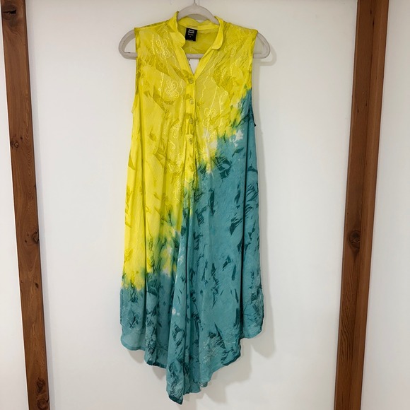 Seven Islands Dresses & Skirts - Seven Islands Tie Dye Embroidered Sharkbite Dress Womens L Yellow Teal | Boho